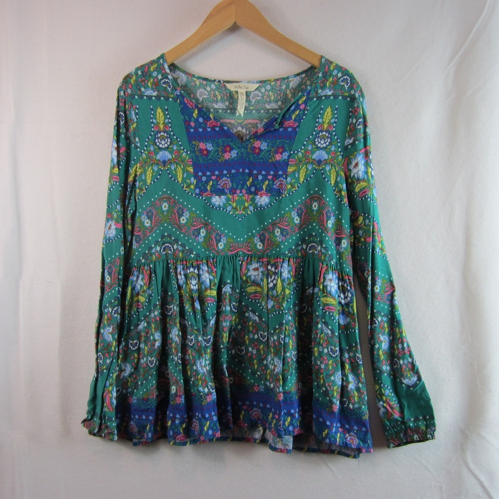 Matilda Jane Women's shirt Evergreen Boho Babydoll Top Blouse Green Print Medium